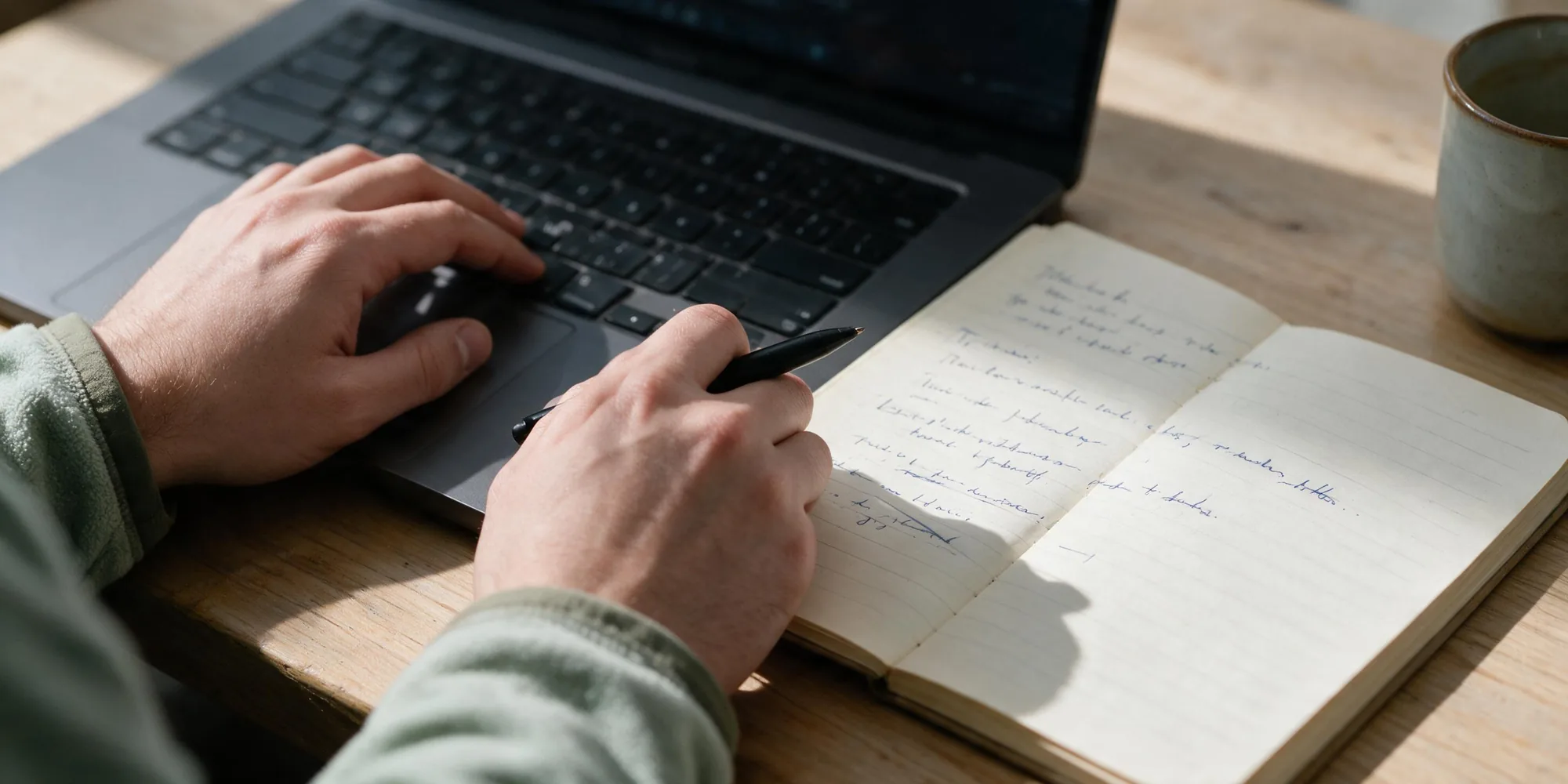 Handschriftliche Notizen und Skizzen in einem aufgeschlagenen Notizbuch neben einem Laptop