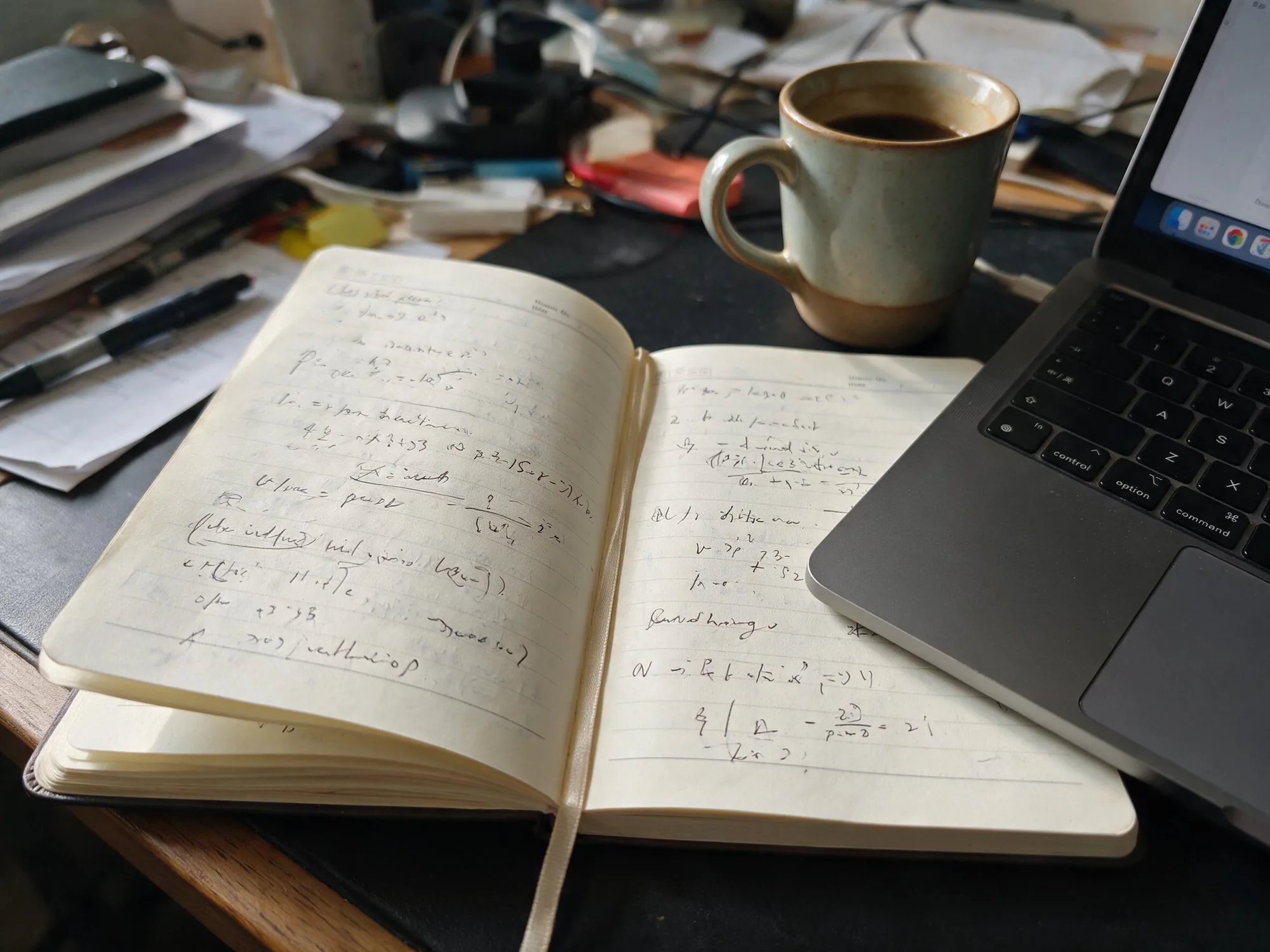 Aufgeschlagenes handschriftliches Notizbuch neben einer Kaffeetasse und zwei Laptops auf einem Schreibtisch