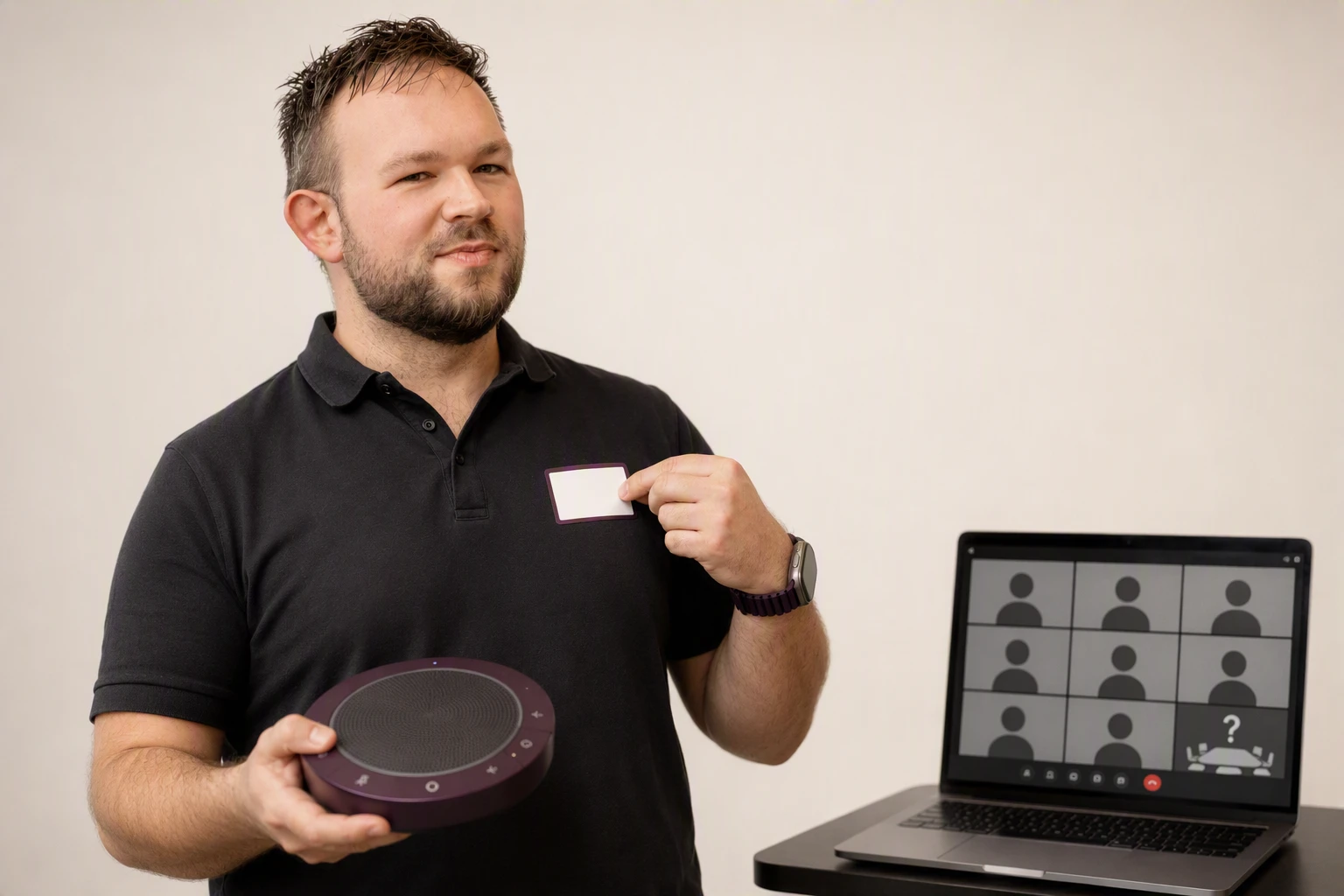 Ein Mann hält einen Konferenzlautsprecher und zeigt auf ein leeres Namensschild an seinem Hemd; der Laptop zeigt ein Videomeeting mit anonymen Teilnehmenden und einer Kachel mit Fragezeichen für den Besprechungsraum.