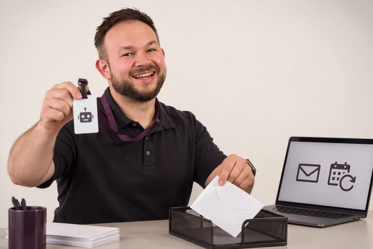 Ein Mann hält lächelnd einen Ausweis mit einem Roboterkopf an einem Band in die Kamera und legt mit der anderen Hand einen Briefumschlag in eine Ablage; auf dem Laptop daneben ein Briefsymbol und ein Kalender mit Wiederholungspfeil.