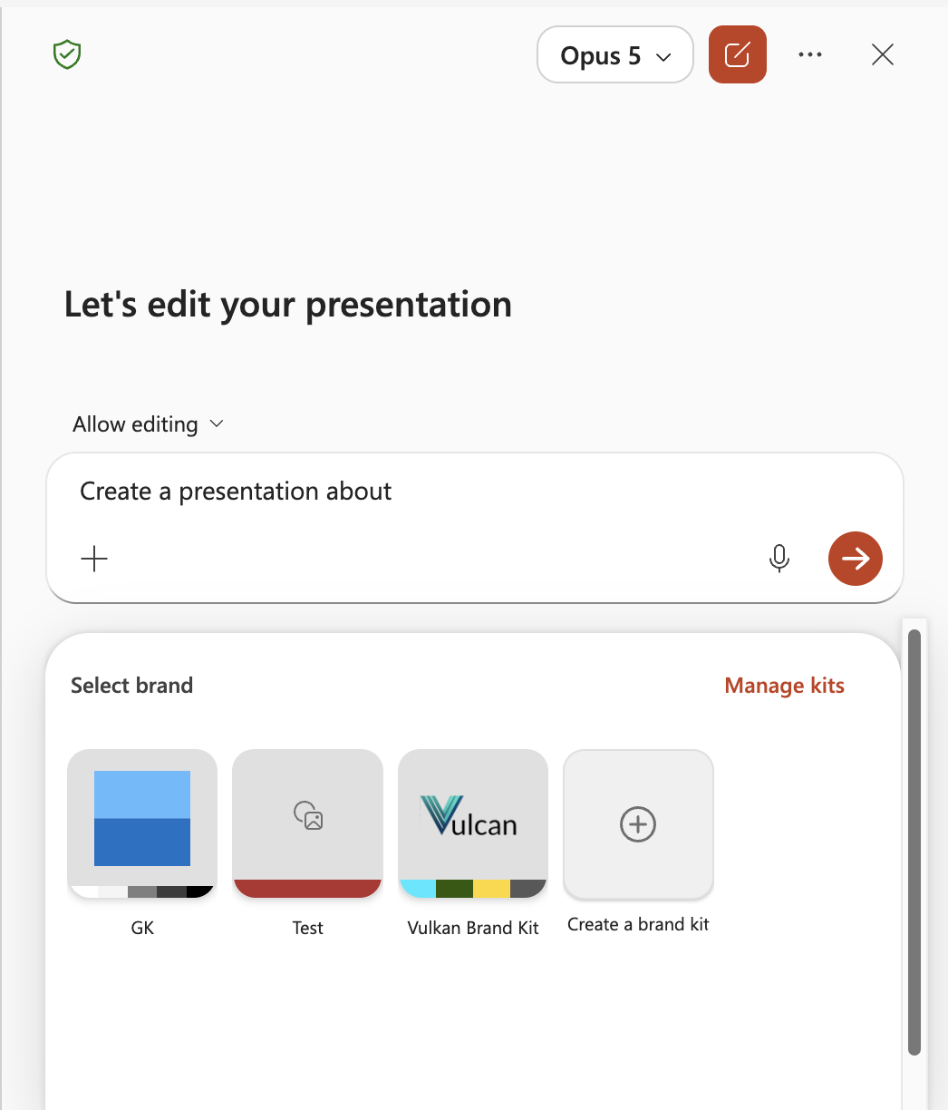 Brand Kit selection dialog in Copilot for PowerPoint, with several kits configured