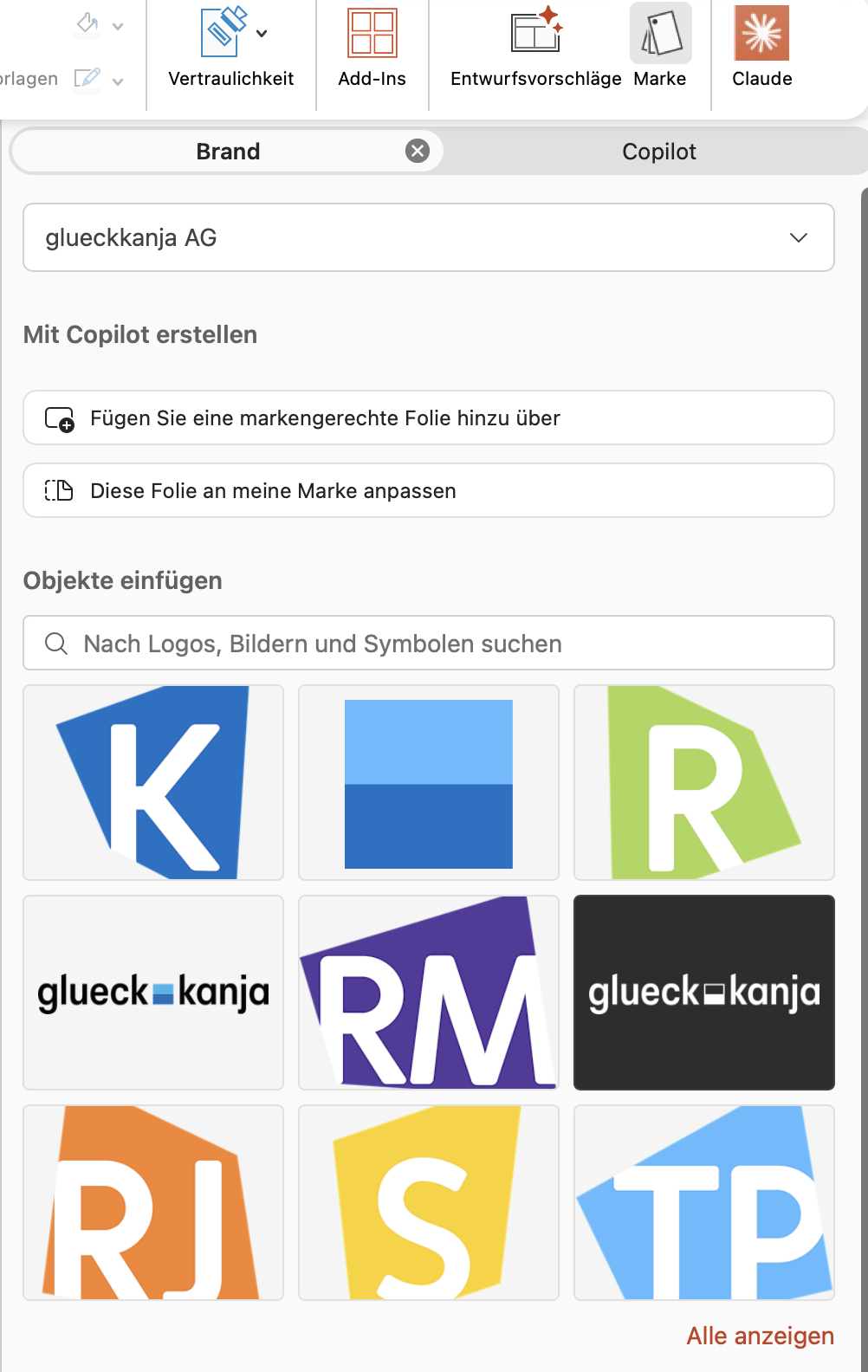 Brand tab in the PowerPoint ribbon, with logo selection from the Brand Kit
