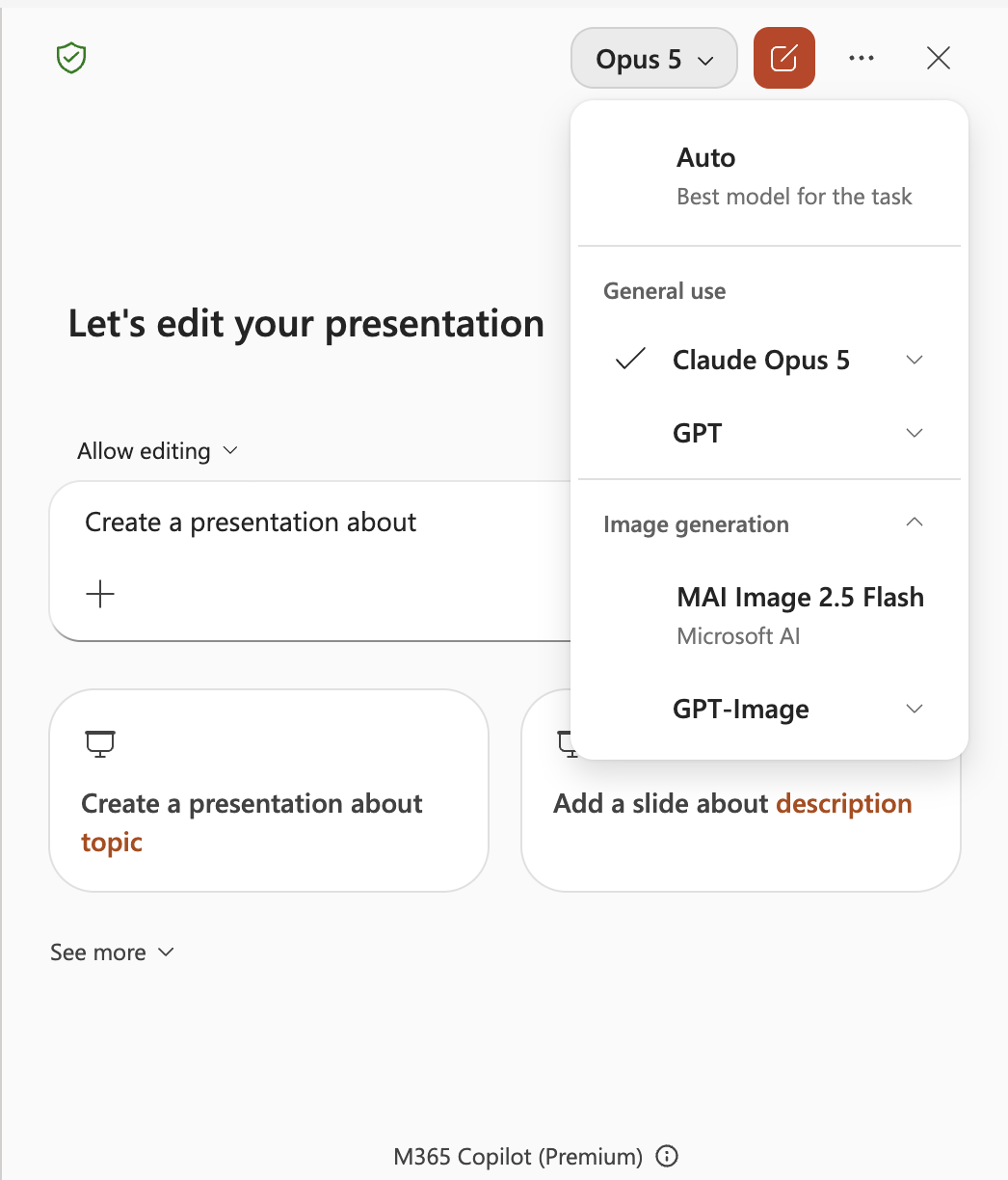 Image model selection in Copilot for PowerPoint: MAI Image 2.5 Flash and GPT-Image