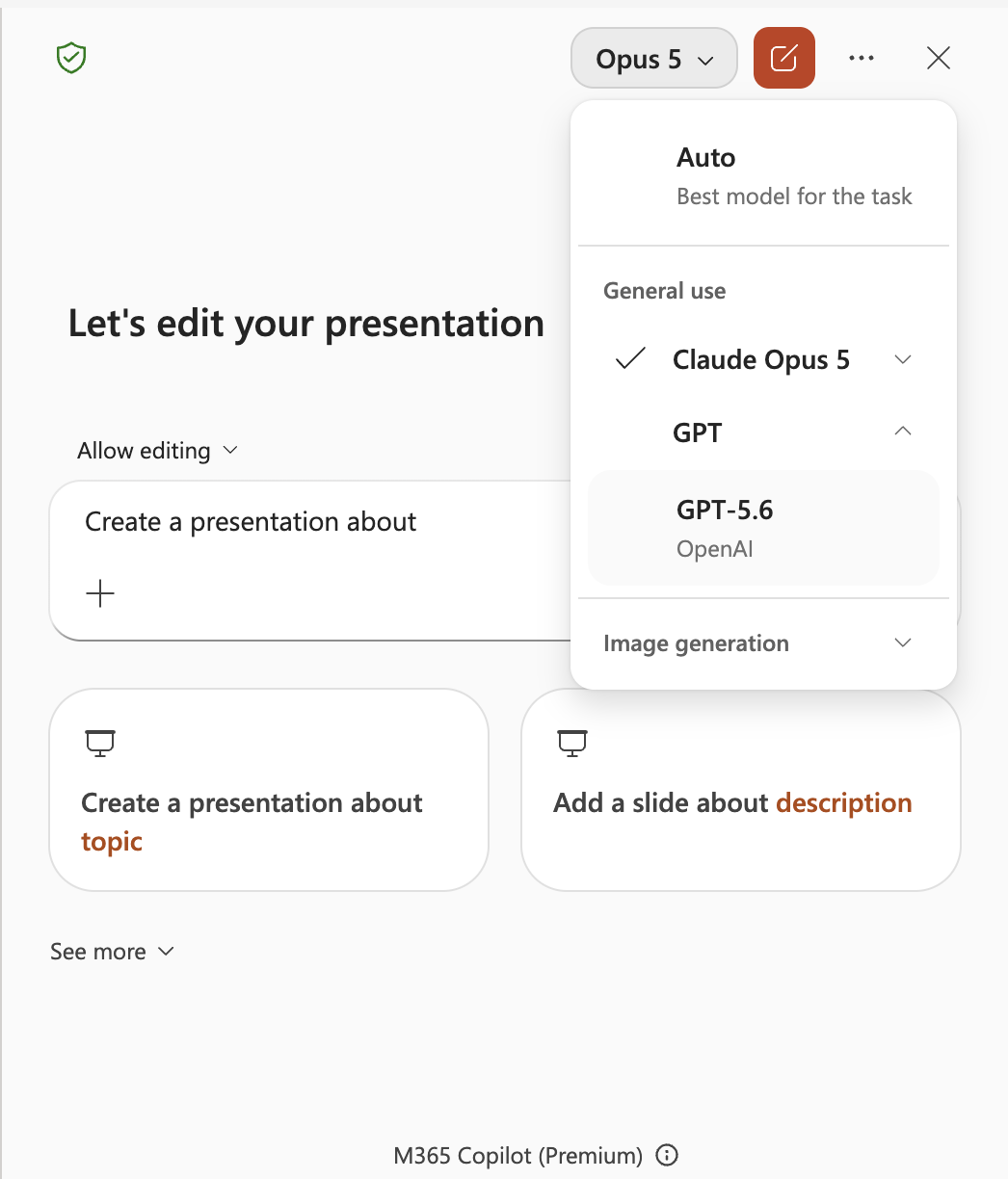 Model selection dropdown in Copilot for PowerPoint, with Claude Opus 5 and GPT-5.6