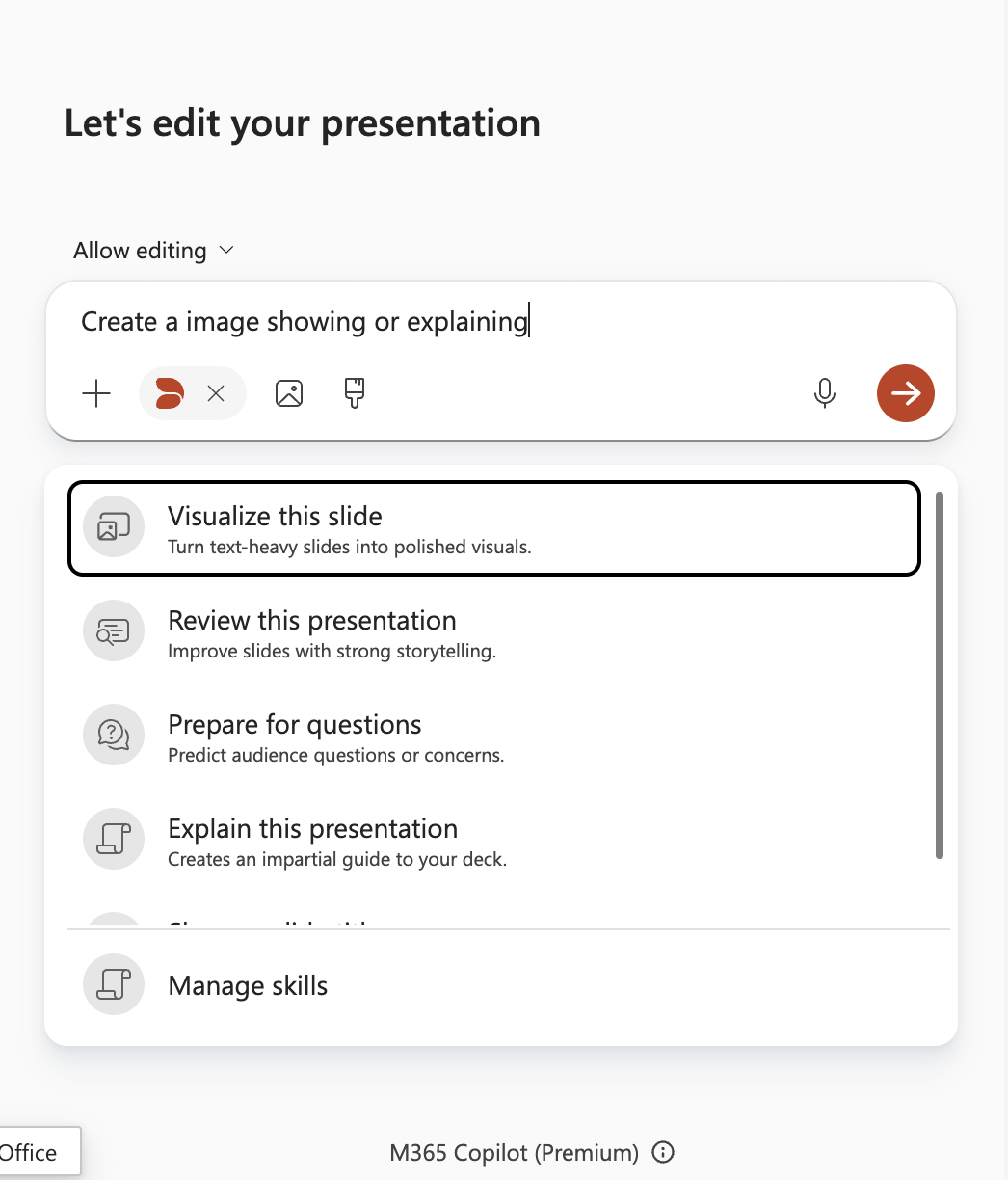List of pre-installed skills in the Copilot pane in PowerPoint