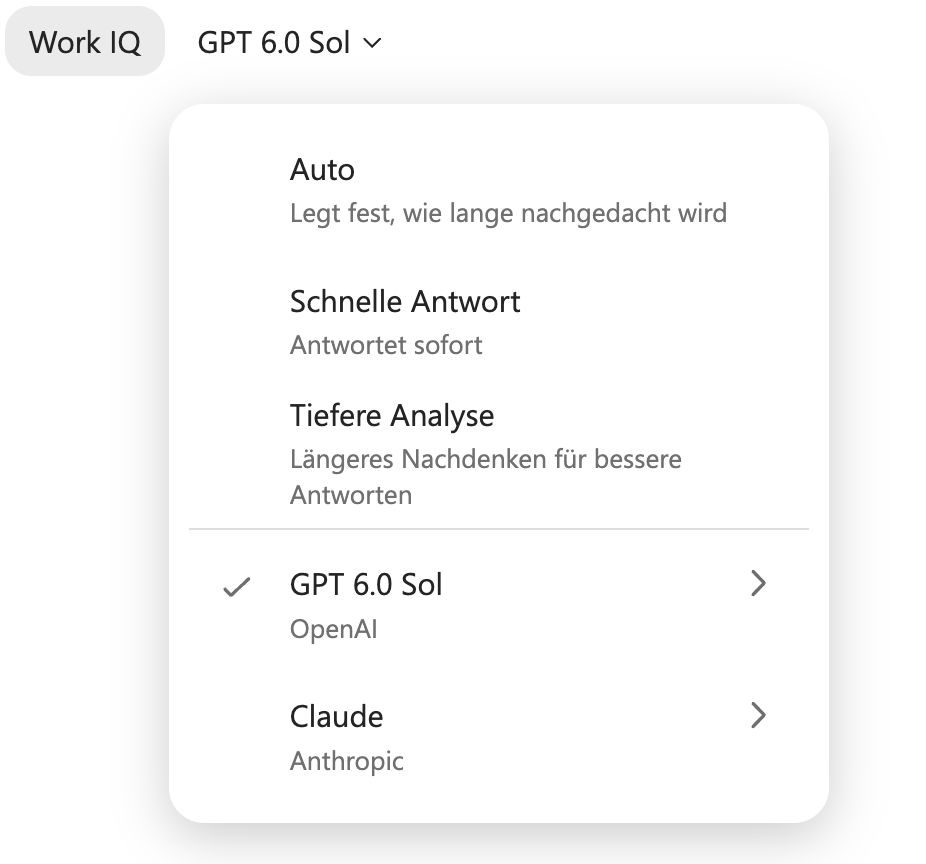 Modellwähler im Copilot-Chat: Auto, Schnelle Antwort und Tiefere Analyse, darunter GPT 6.0 Sol von OpenAI (ausgewählt) und Claude von Anthropic