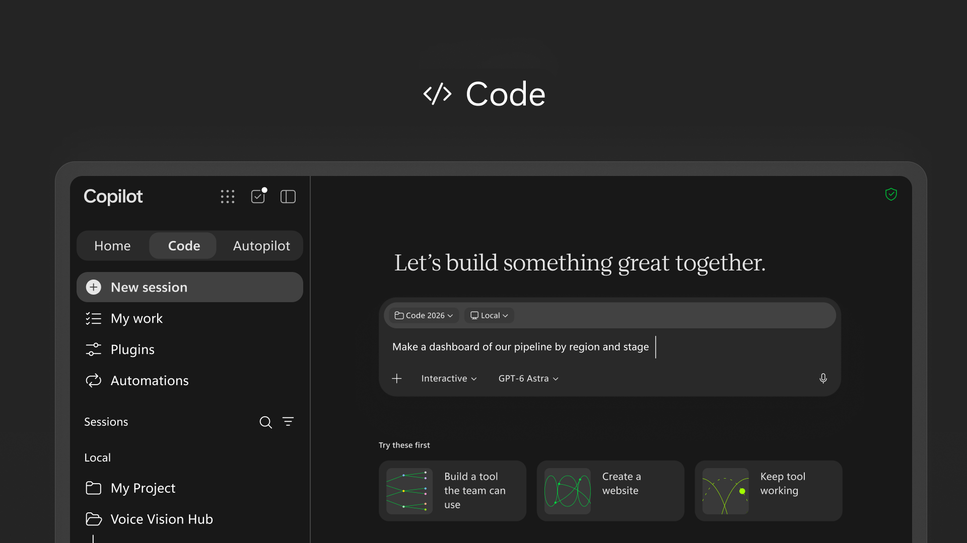 Die Copilot-App mit den Bereichen Home, Code und Autopilot; im Bereich Code ein Eingabefeld mit der Modellwahl GPT-6 Astra