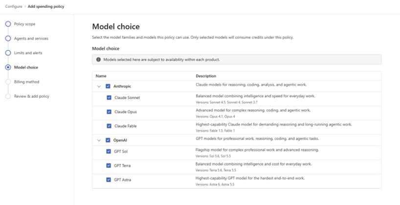 Microsoft-365-Admin-Center, Spending Policy anlegen: Schritt Model choice mit den Modellfamilien von Anthropic und OpenAI