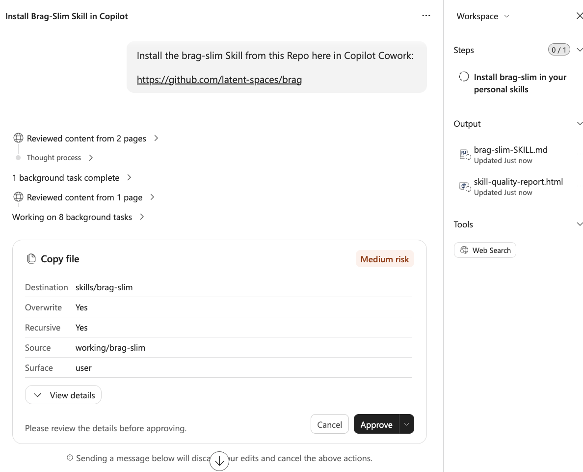Freigabedialog „Copy file“ in Copilot Cowork mit Risikostufe Medium, Ziel skills/brag-slim und den Schaltflächen Cancel und Approve; rechts der Seitenbereich mit zwei Ausgabedateien