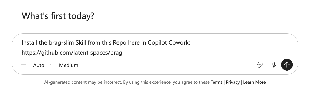 Neue Aufgabe in Copilot Cowork mit dem Auftrag, die Skill brag-slim aus dem Repo zu installieren