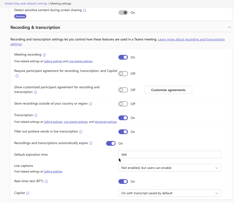Teams Admin Center, globale Besprechungsrichtlinie: Aufzeichnung, Transkription und Copilot
