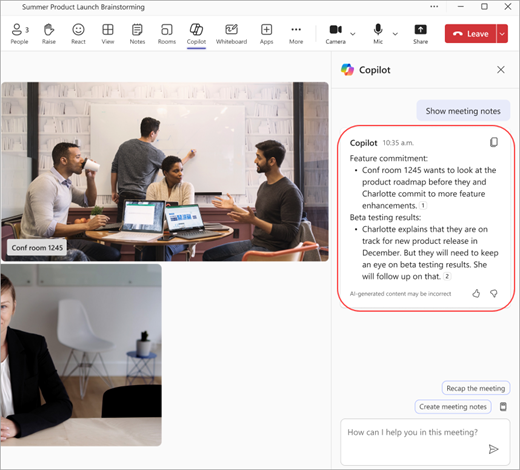 Teams-Meeting mit Copilot-Notizen: Die Aussage aus dem Besprechungsraum steht beim Raum „Conf room 1245“