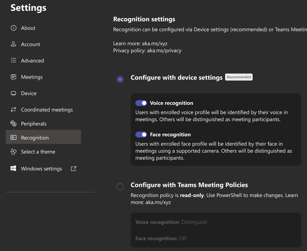 Teams-Rooms-Konsole, Einstellungen: Recognition settings mit Stimm- und Gesichtserkennung