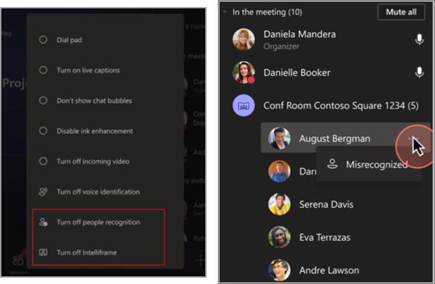Links die Teams-Rooms-Konsole mit dem Menü More, rechts die Teilnehmerliste mit „Misrecognized“