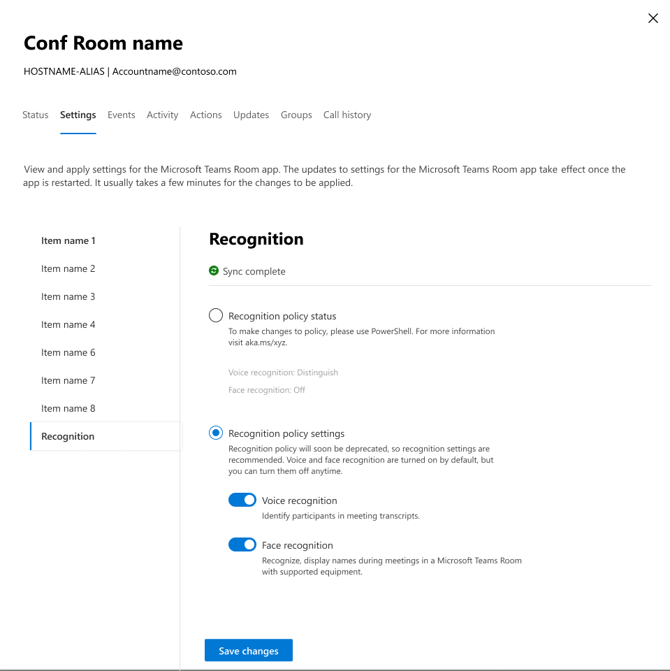 Teams Rooms Pro Management Portal: Raum, Settings, Recognition mit den Schaltern für Stimm- und Gesichtserkennung