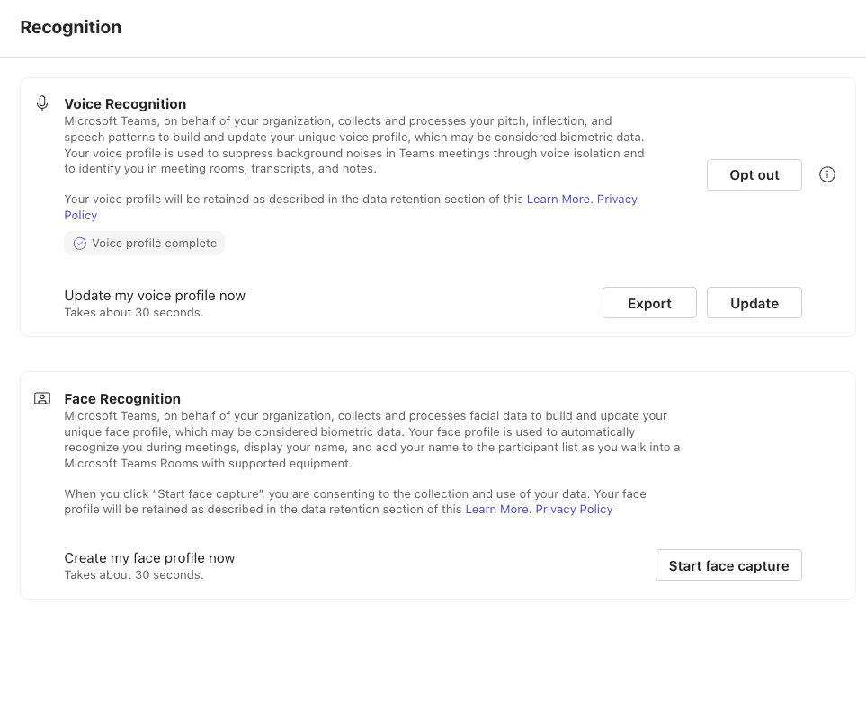Teams settings, Recognition: voice profile complete, face profile not created yet