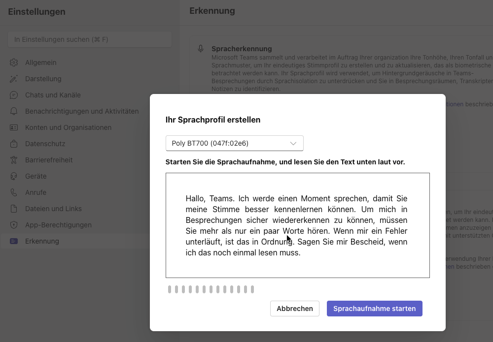 Teams-Einstellungen, Erkennung: Dialog „Ihr Sprachprofil erstellen“ mit Mikrofonauswahl und Vorlesetext