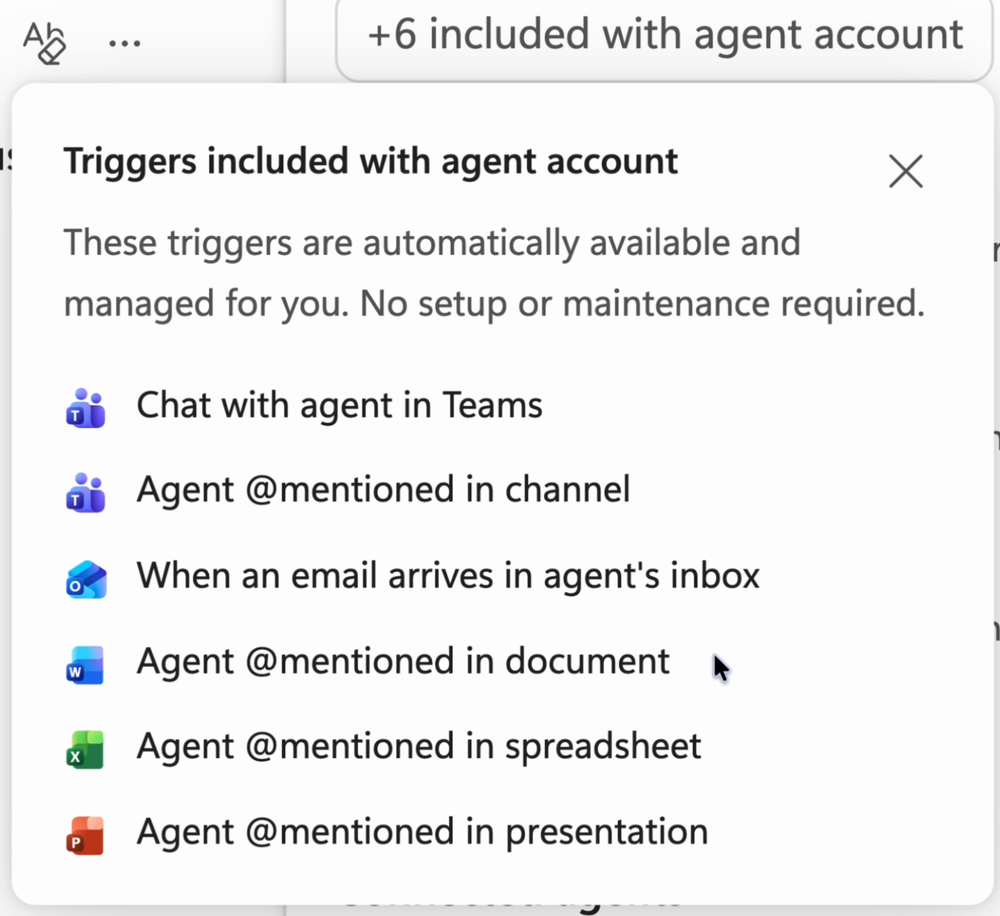 Aufklappfenster Triggers included with agent account mit sechs Einträgen: Chat in Teams, Erwähnung im Kanal, E-Mail im Postfach des Agenten sowie Erwähnung in Dokument, Tabelle und Präsentation